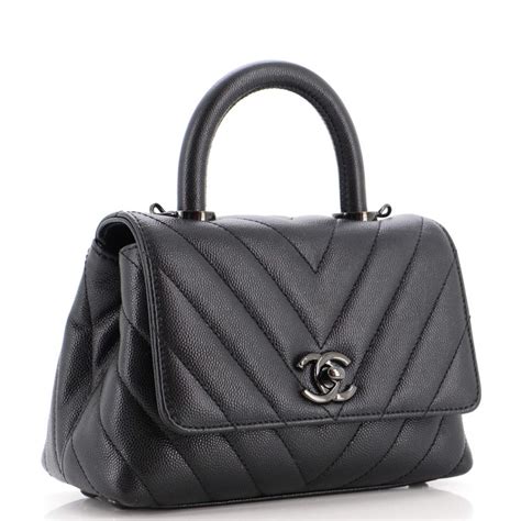 Chanel So Black Coco Top Handle Bag Chevron Caviar Extra 